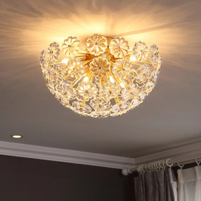 lustre suspendu en cuivre avec cristaux de pissenlit rond