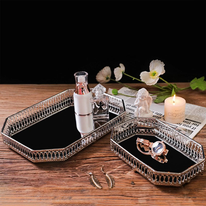 plateau de rangement en métal miroir décoratif pour cosmétiques et vaisselle