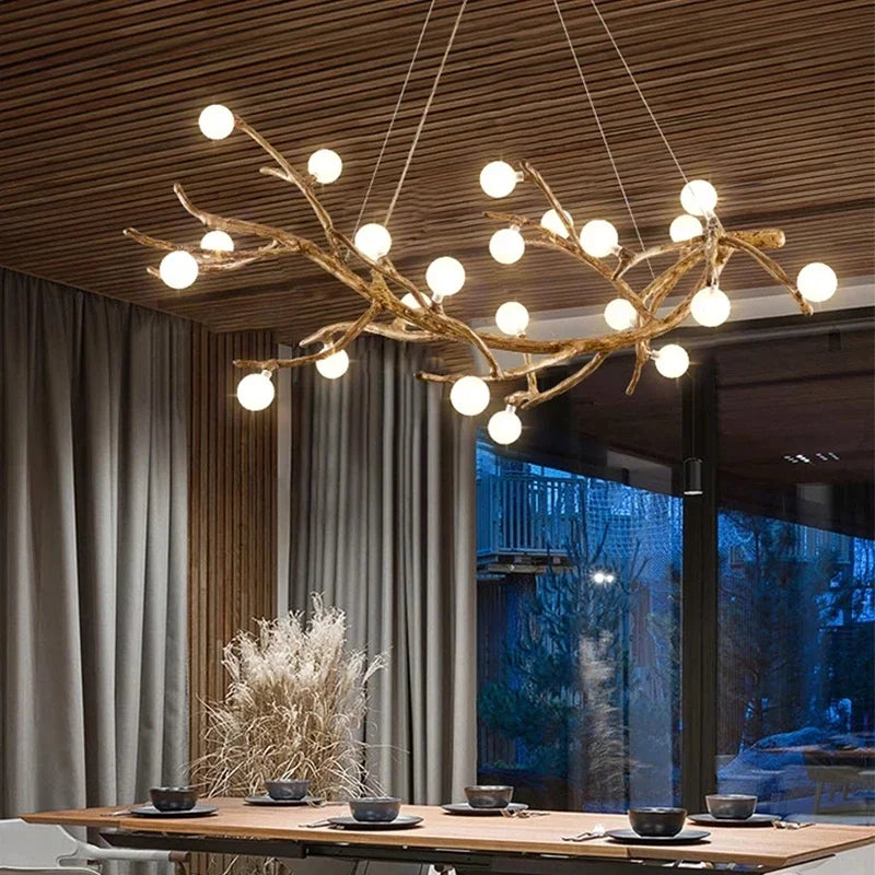 lustre vintage en résine avec branches d'arbre led