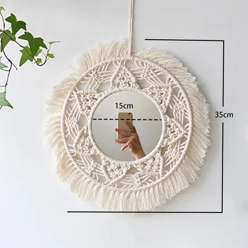 miroir rond en macramé style bohème pour décoration murale