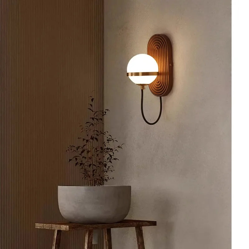 Walnut Wood Circular Sphere, Wabi-sabi minimalist Modern style, Wall Sconce light for Bedroom, Bedside, Living, Dining Room