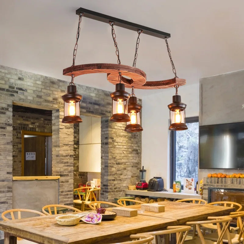 lustre industriel rétro 4 têtes en bois et fer pour café bar loft