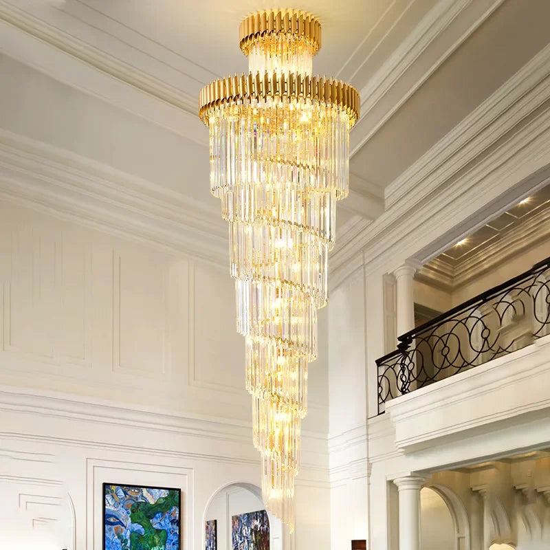 lustre led spirale luxe suspension cristal pour hauts plafonds