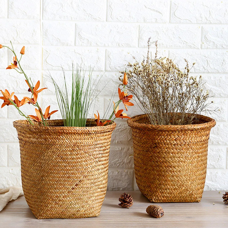 panier poubelle en osier pour rangement et déchets