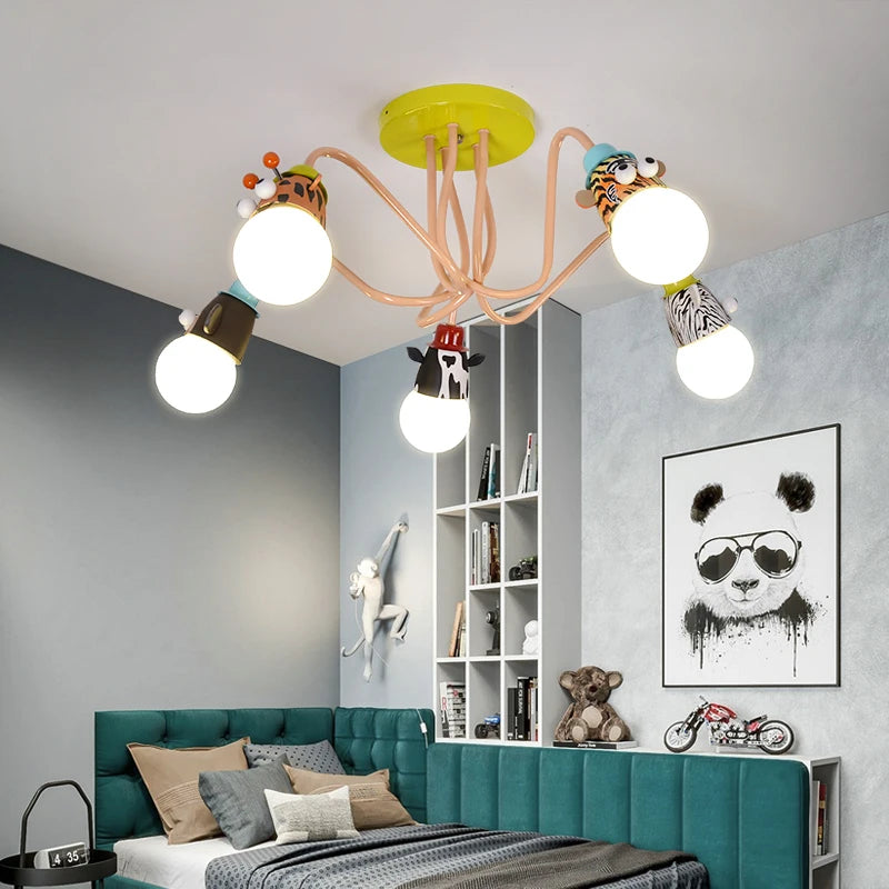 Cartoon Zebra Monkey Tiger Giraffe Animal Pendant Lamps LED E27 Kids Bedroom Hanging Light For Kindergarten Baby Child Decor