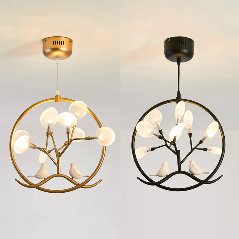 lustre design nordique cage à oiseaux branche d'arbre halo