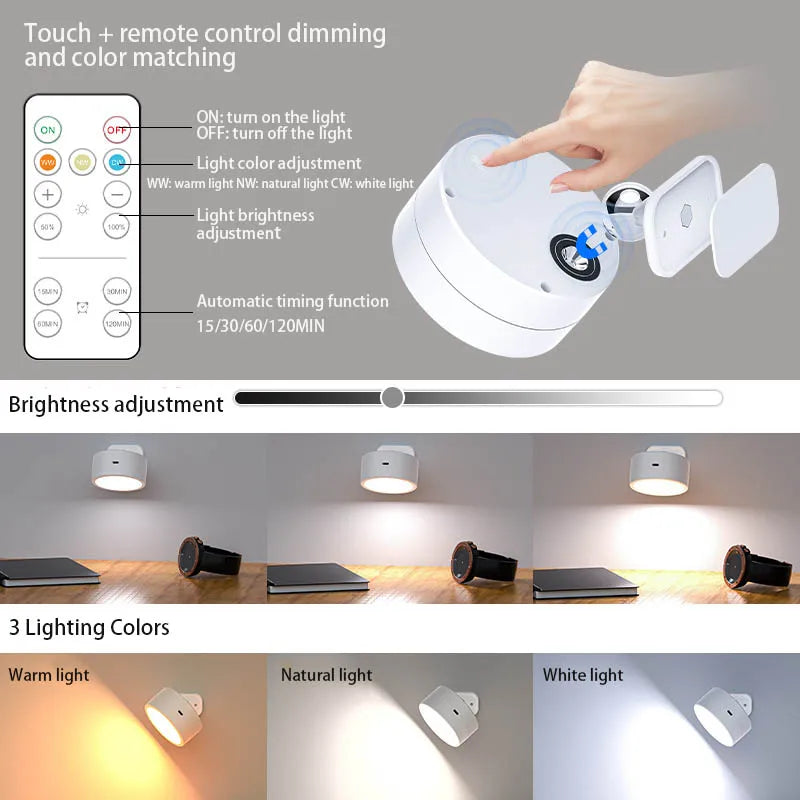 applique murale led rechargeable avec télécommande tactile rotative à 360°