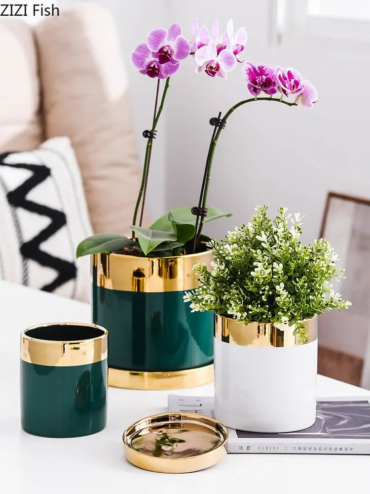 pot de fleurs en céramique luxe avec bordure dorée