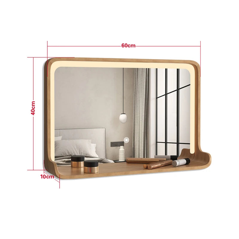 miroir en bois massif avec éclairage led et fixation murale