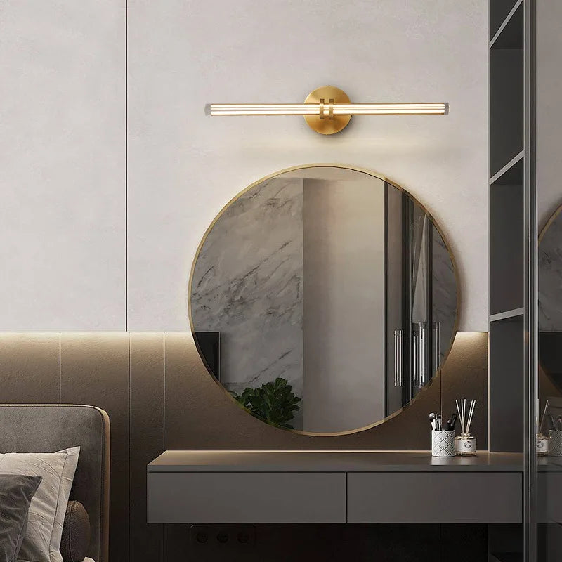 Simple All Copper Straight Glass Wall Lamp, Bathroom Mirror in Front of Light Luxury Living Room Balcony Bedroom LED Lighting