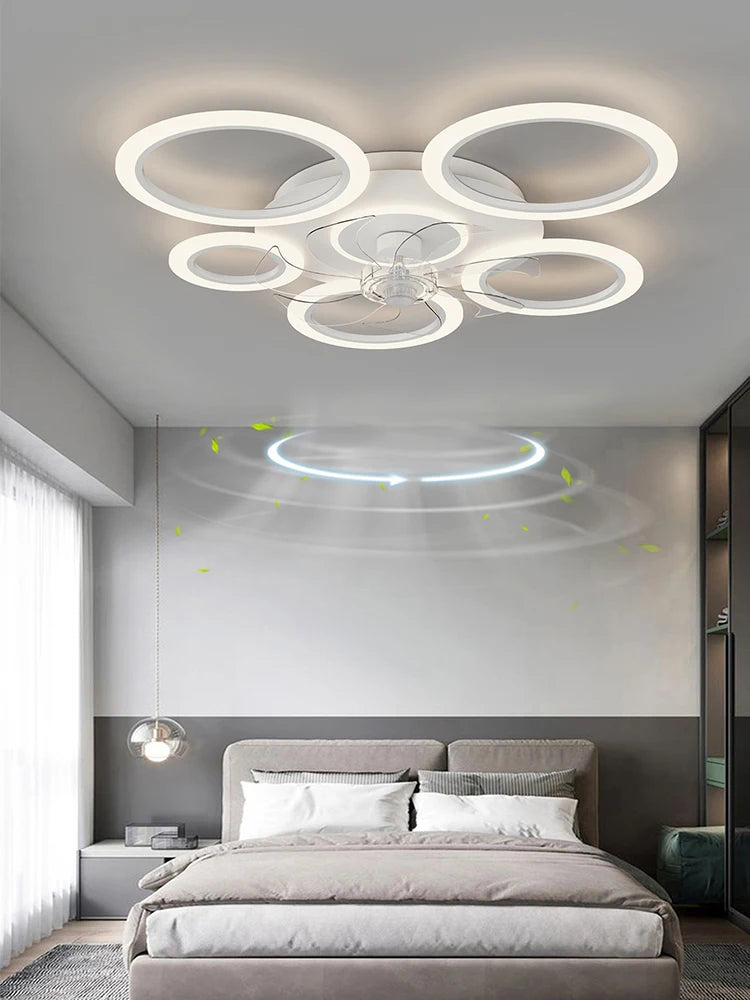 Modern white minimum circular fan light, simple living room ceiling fan light, intelligent control ceiling fan light