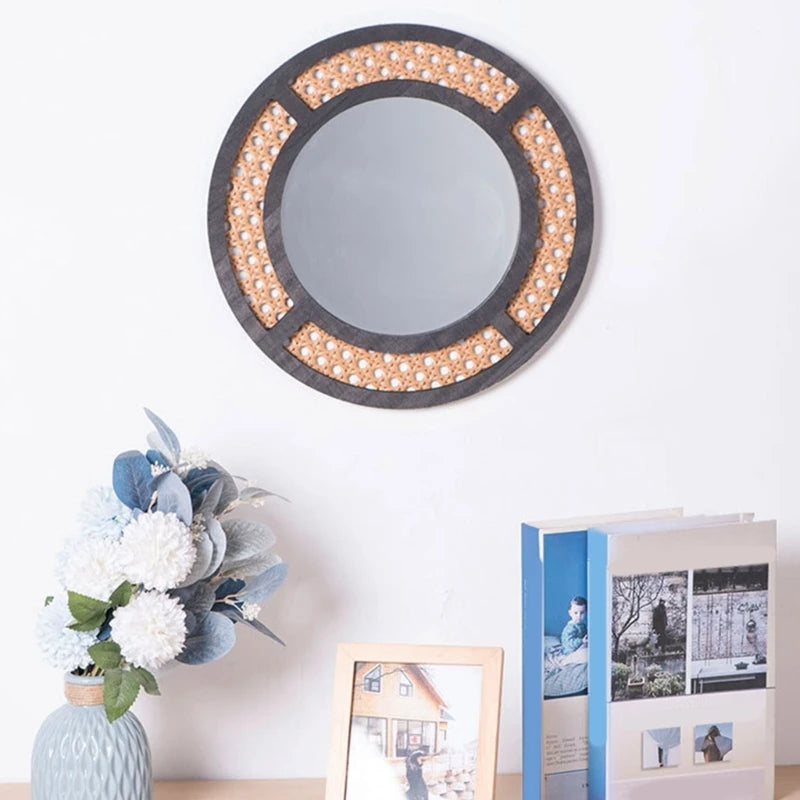 miroir rond en rotin bohème pour décoration intérieure