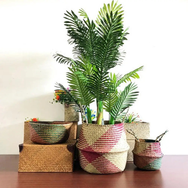 panier de rangement en paille avec poignée pliable pour jardinage