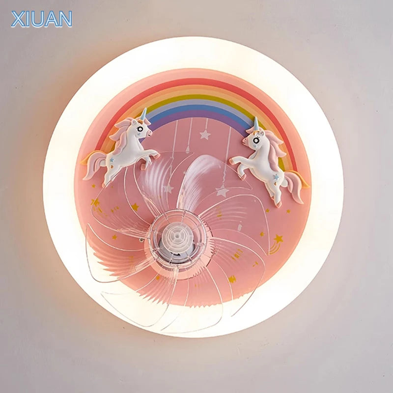 Creative LED Ceiling Light with Fan Pink Princess Children's Room Bedroom Ceiling Fan Resin Unicorn Rainbow Remote Control 220V