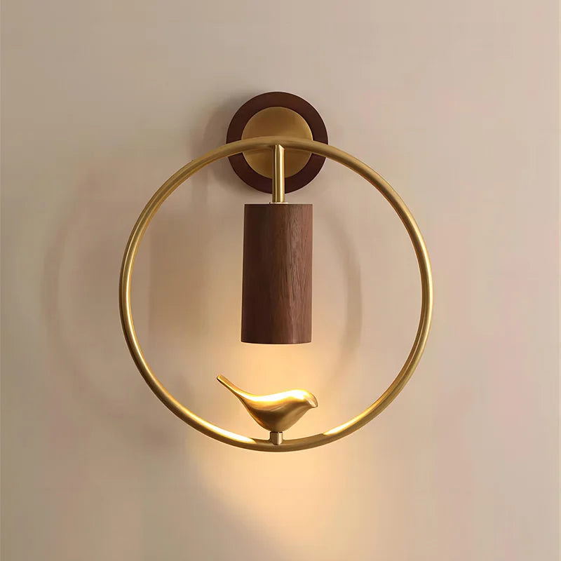 Walnut Wood Circle Brass bird, Wabi-sabi Modern style, Wall Sconce light for Bedroom, Bedside, Living, Recreation, Study