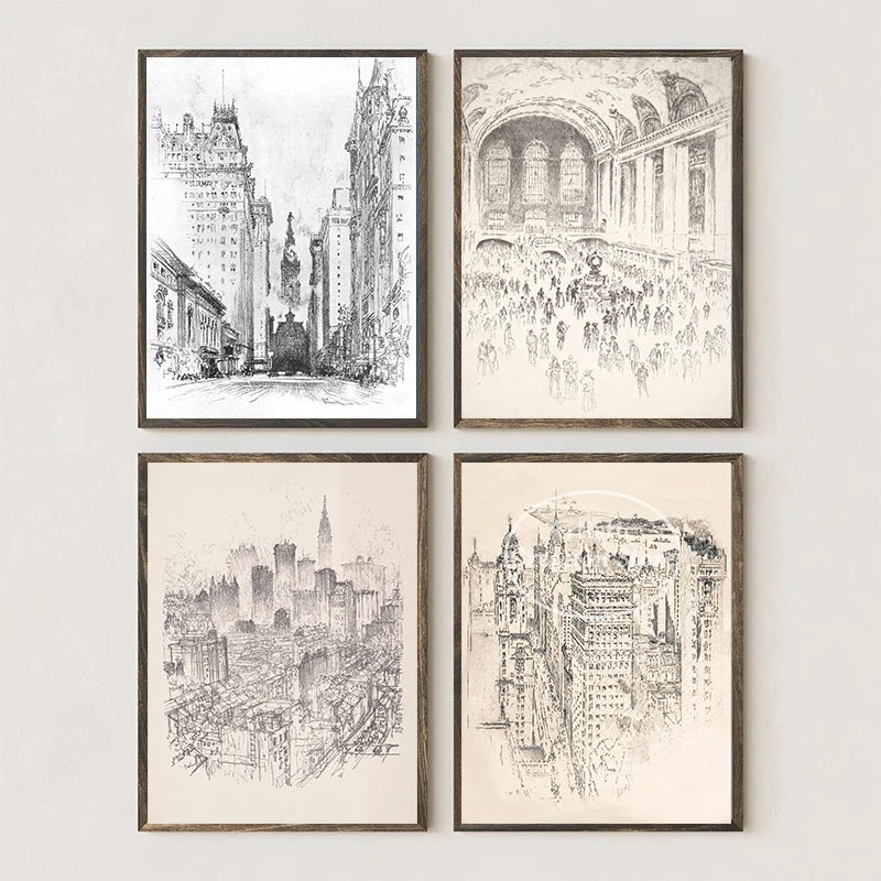 vintage new york city skyline dessin au trait impression sur toile