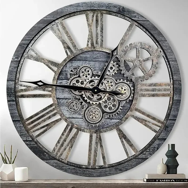 horloge murale en bois style rétro avec engrenages mobiles décorative