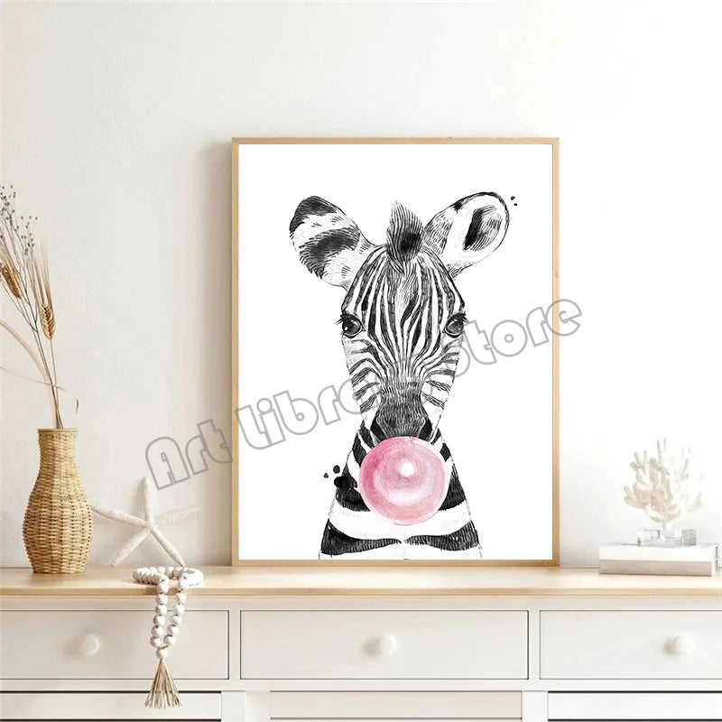 Tableau affiche animaux de safari girafe zèbre ballon rose décoration murale