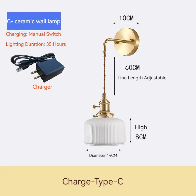 applique murale rechargeable en céramique avec interrupteur rotatif style vintage