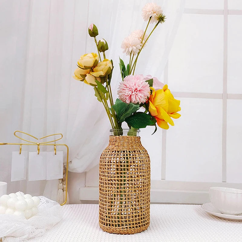 vase en rotin tissé pour fleurs séchées décoration rétro