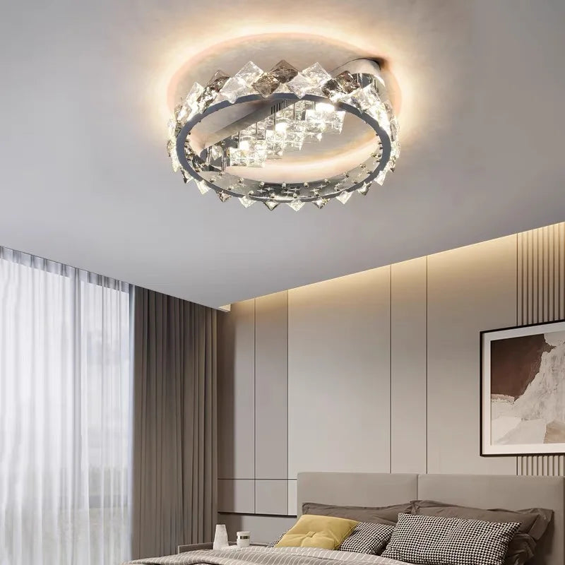 lustre moderne en acier inoxydable chrome avec éclairage en cristal