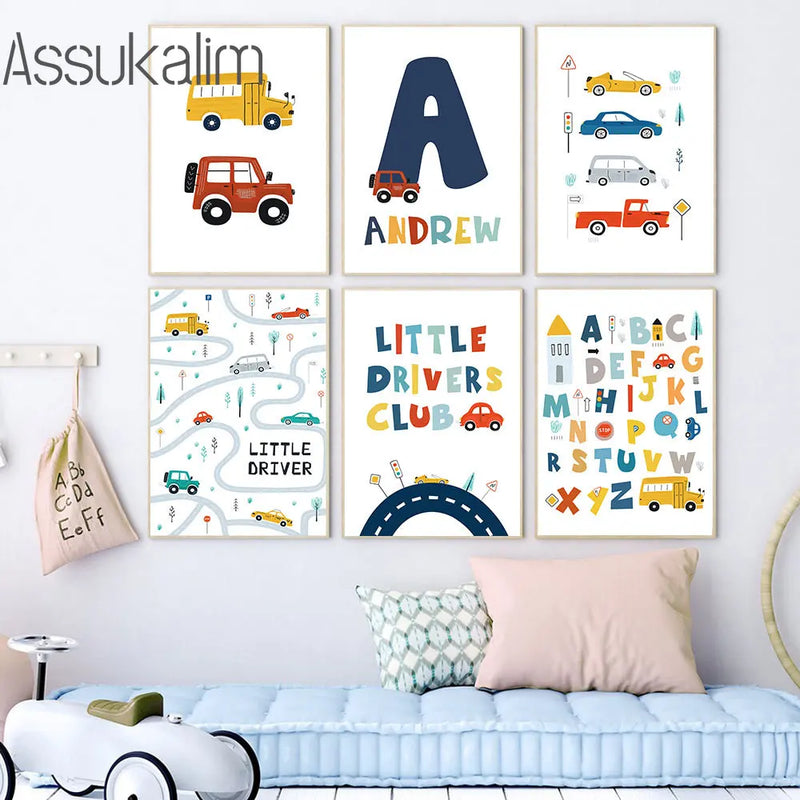 toile murale personnalisée alphabet voiture jouet décoration bébé garçon