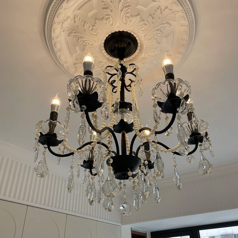 lustre moderne en cristal avec perles et éclairage led