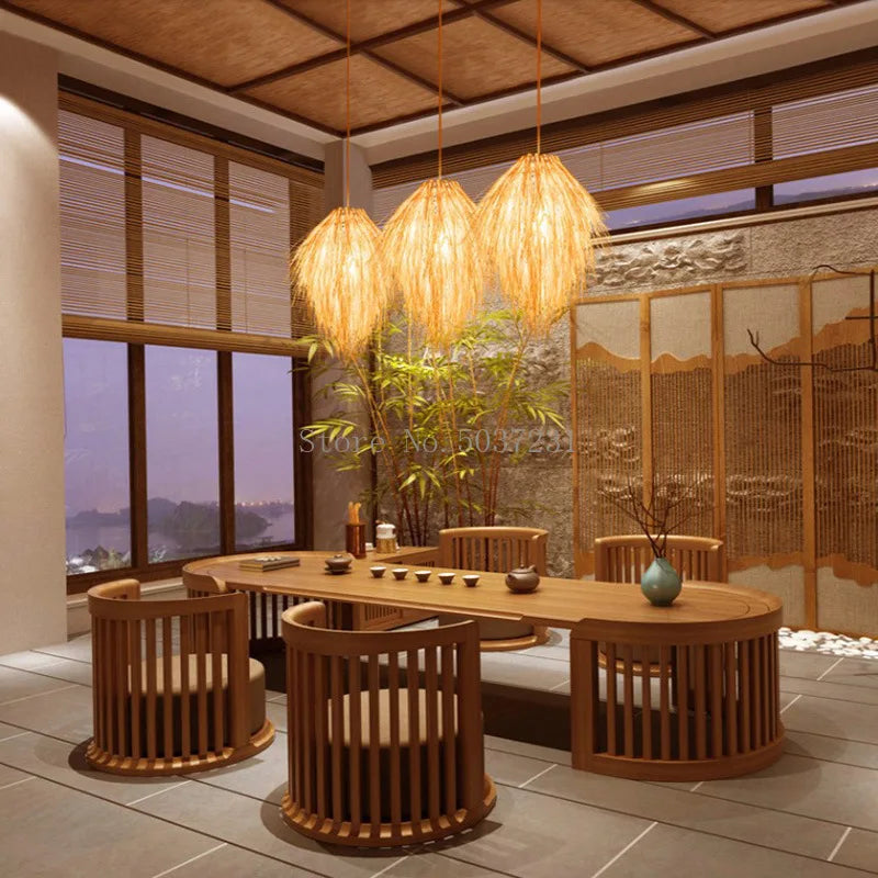 lustre en rotin tissage bambou chapeau de paille lampe pastorale décor salle