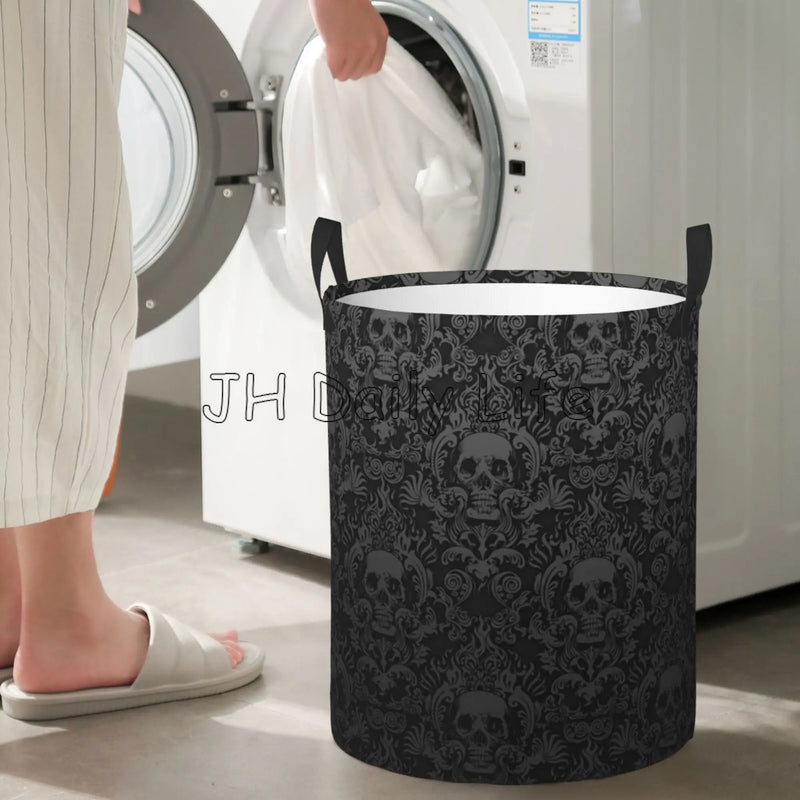 panier à linge rond gothique pliable avec tête de mort