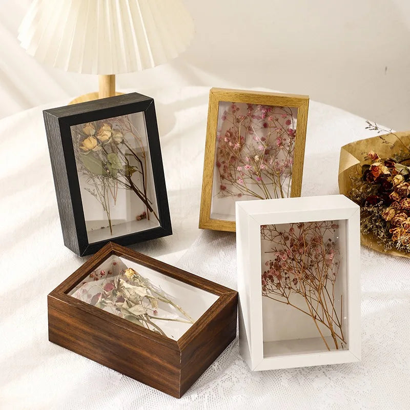 cadre photo flottant transparent avec fleurs séchées décoratif et artisanal