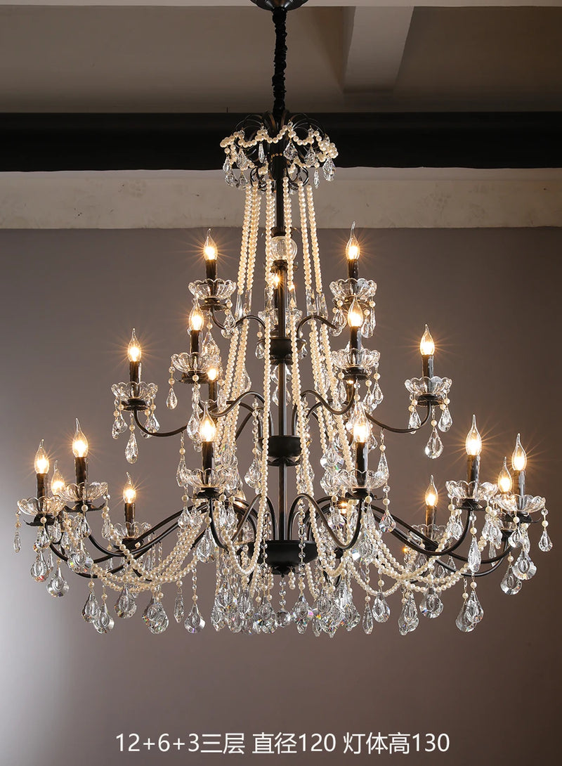 lustre moderne en cristal avec perles et éclairage led