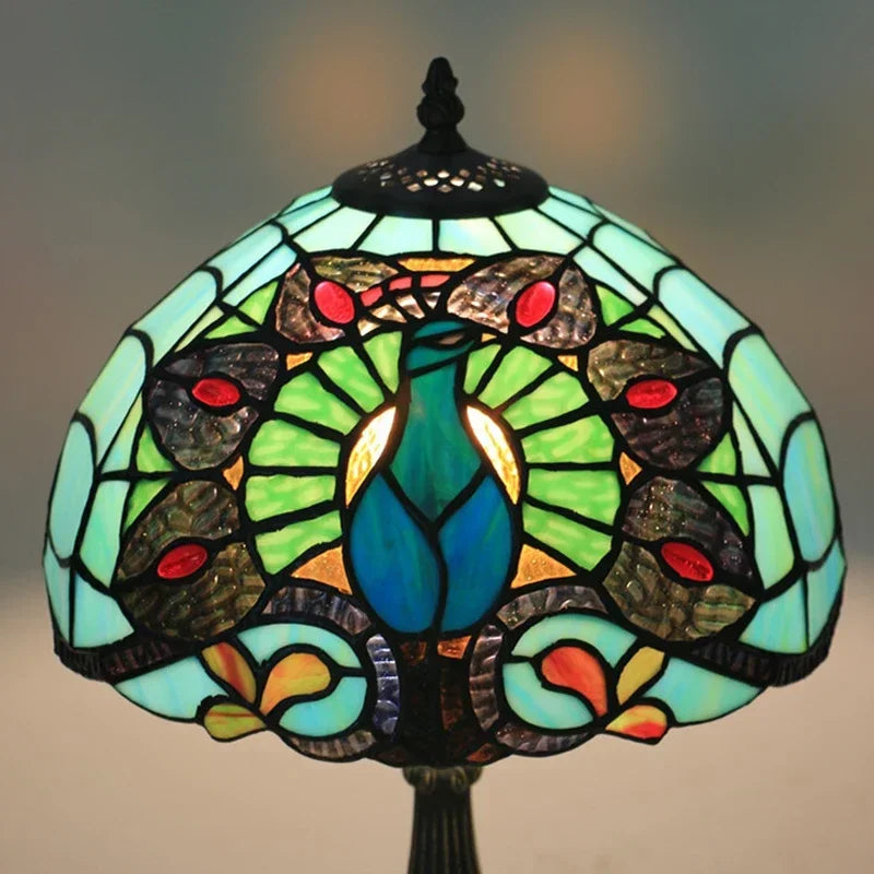 lampe de table paon tiffany décoration vintage méditerranéenne en verre teinté