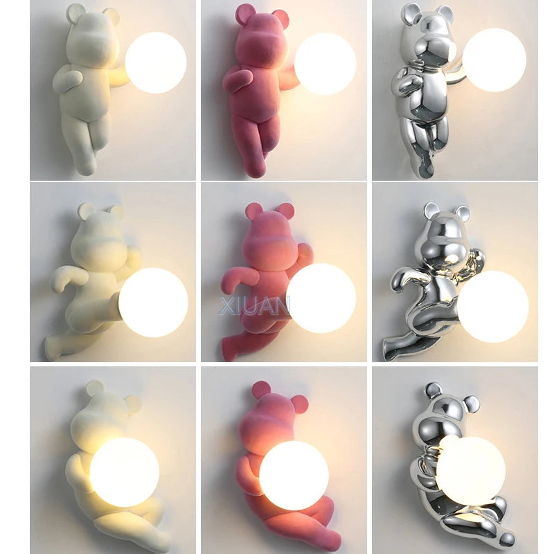 Chrome White Pink Bear Lights Art Design Bedroom Bedside Wall Lamps Resin Animal Glass Sconces Living Room Decorative Wall Light