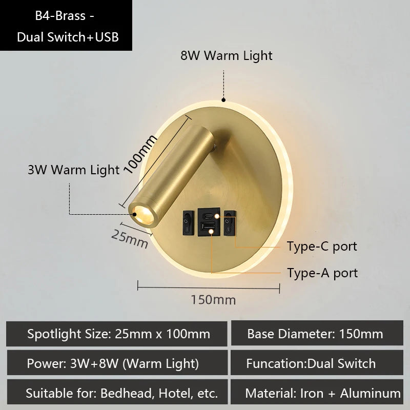 applique murale led moderne avec ports usb et lampes de lecture réglables