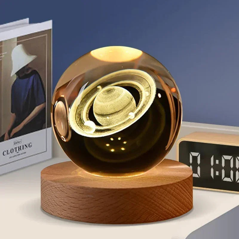 veilleuse 3D en cristal système solaire cadeau décoratif en bois