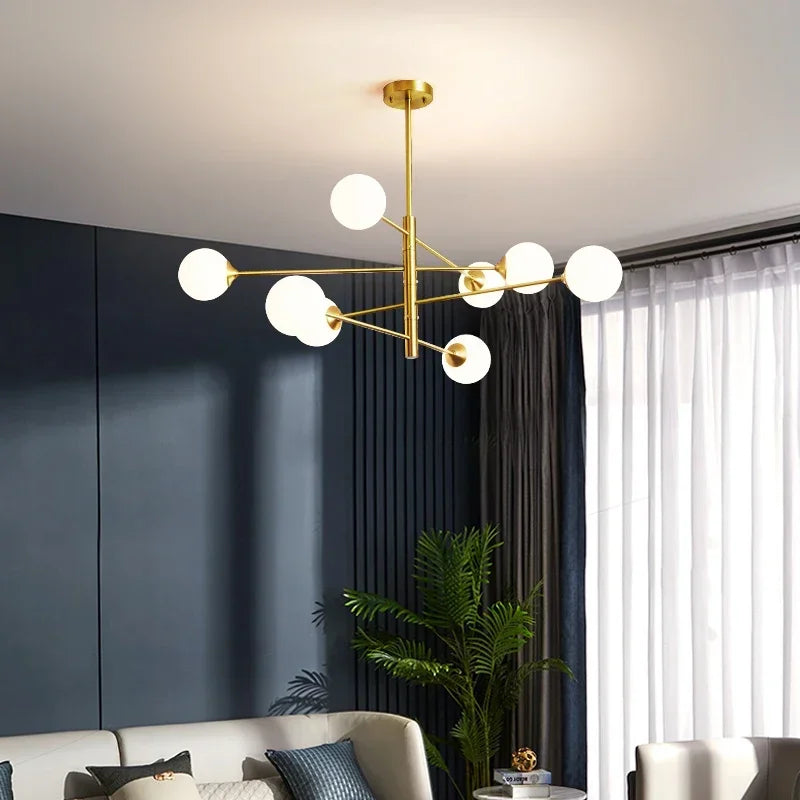 lustre led moderne en cuivre avec boule de verre mat