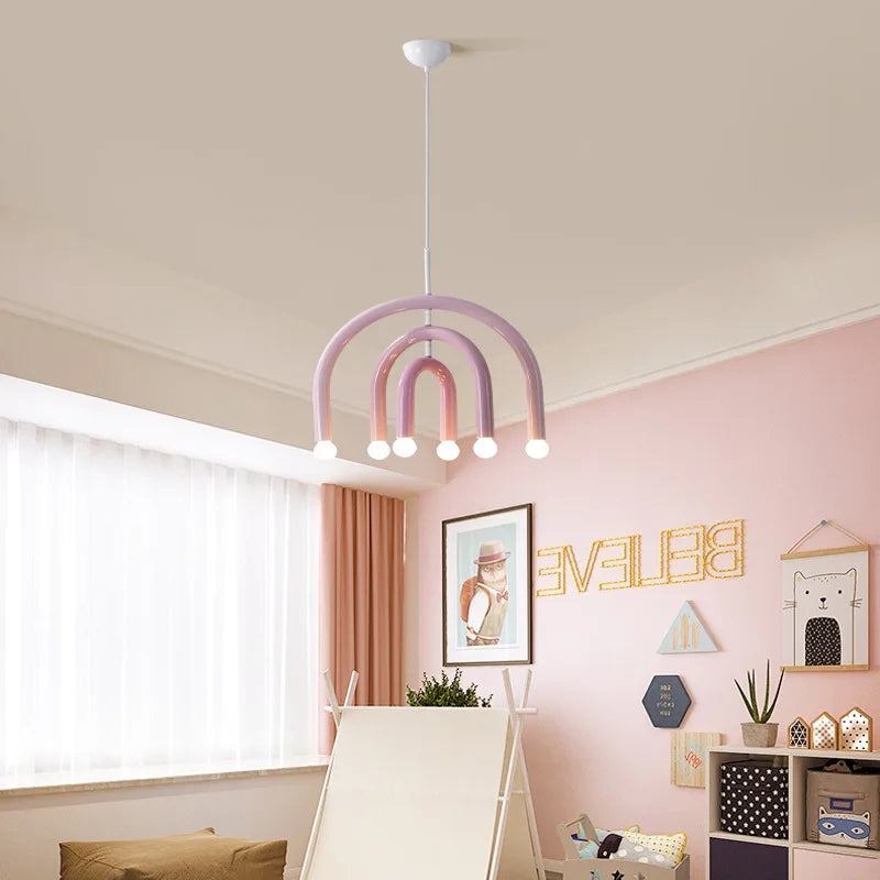 Creative Colorful Rainbow Pendant Lamps Iron E14 LED Bedroom Hanging Light Art Design Girl Kids Room Chandelier Lighting Indoor