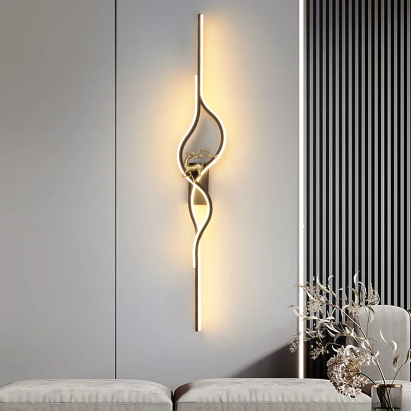 Modern Living Room Long Wall Lights with Anlter Design Gold Black TV Background Decorative Wall Lamp for Bedroom Remote Control