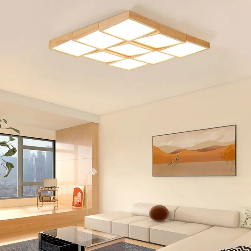 lustre en bois carré à led éclairage intelligent dimmable