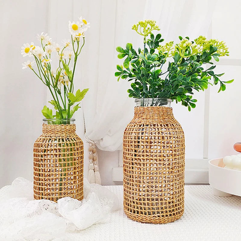 vase en rotin tissé pour fleurs séchées décoration rétro