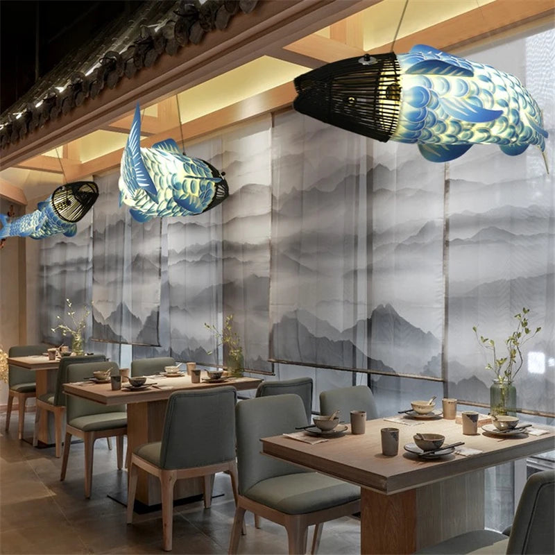 lustre en bambou style chinois créatif avec gros poisson