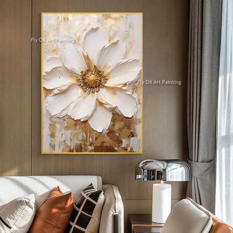 Tableau peinture à l'huile épaisse fleurs blanches abstraites décoration murale luxe