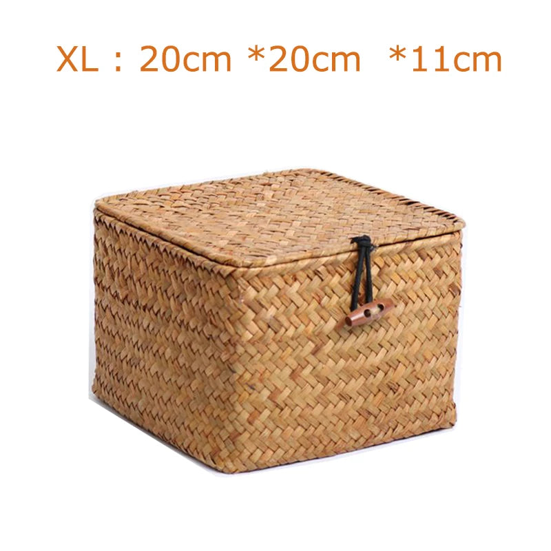 panier de rangement en algues tissé à la main avec couvercle