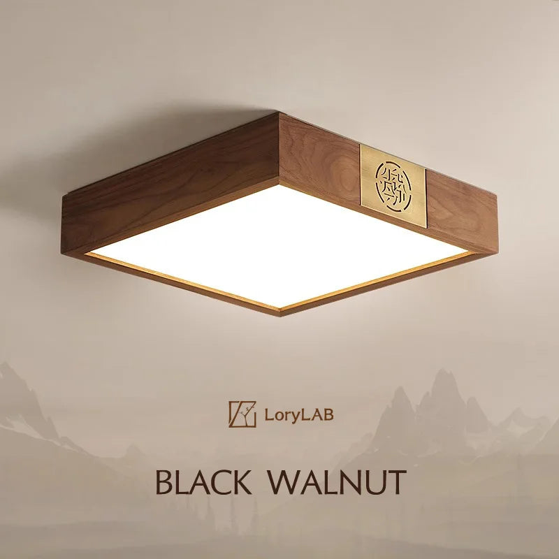 Walnut Wood Square Zen, Wabi-sabi Modern Vintage style, Ceiling light for Living Room, Bedroom, dining Room, Study Room