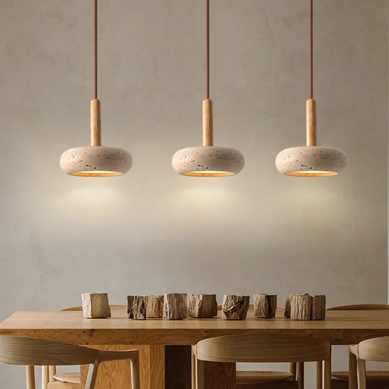 lustre led en travertin avec suspension en pierre naturelle