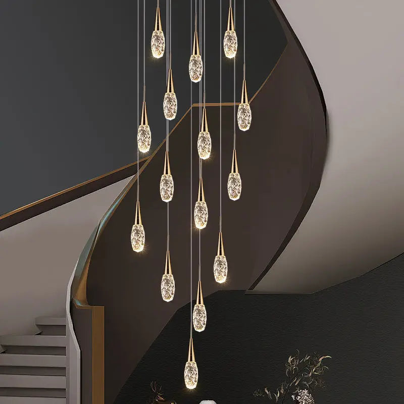 lustre d'escalier duplex lumière moderne de luxe rotatif en cristal