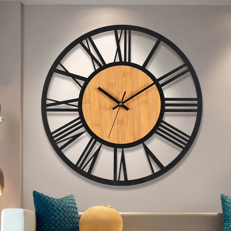 horloge murale 3D rétro avec chiffres romains en bois et métal