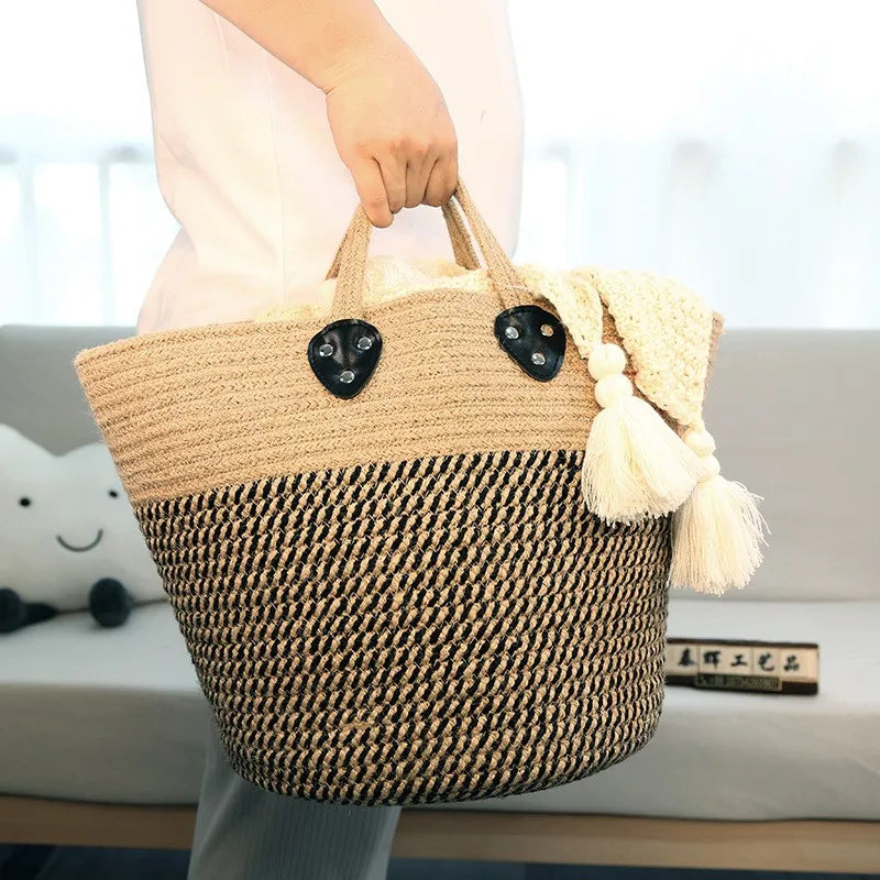 panier de rangement en jute et coton avec poignée