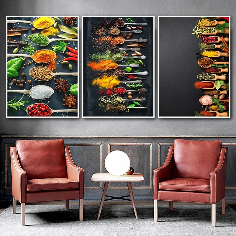 art mural moderne herbes de cuisine et ustensiles de sushi