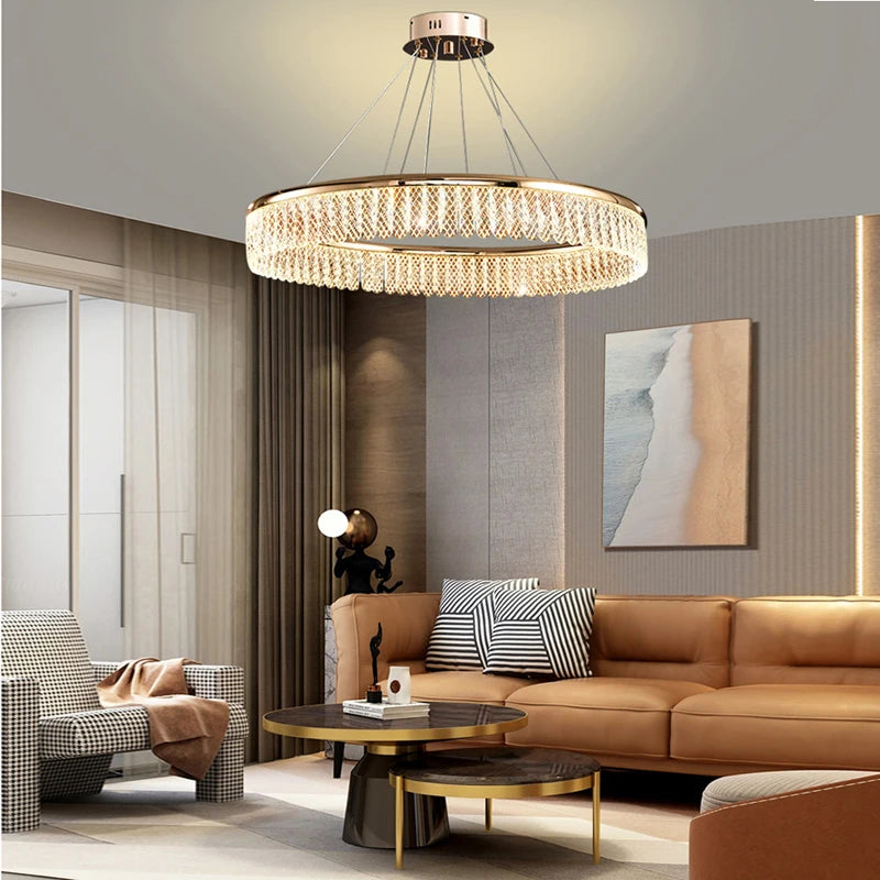 lustre led en cristal losange rond à plusieurs anneaux luxueux